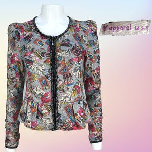 RARE/HTF Comic Print Y Apparel USA puff shoulder Zip Up Peplum Cardigan Sz Md